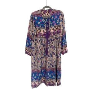R.Vivimos Boho Dress Size 2X Long Sleeve Floral V-Neck Tassel Maxi Long Cottage